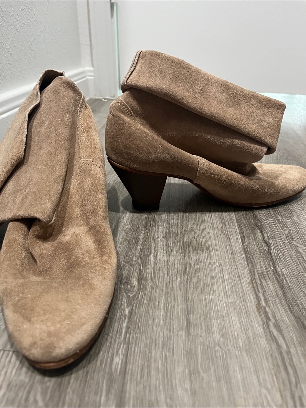 Fold-Over Suede Ankle Boots in Taupe for Women
